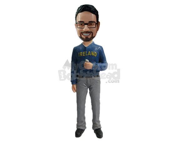 Elegant Man in Country Attire Holding Mobile in Hand Personalized Bobblehead Elegant Man in Country Attire Holding Mobile in Hand Personalized Bobblehead